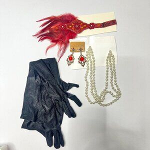 1920s Flapper Accessories Red Feathers Gatsby Costume Accessories Set #2526